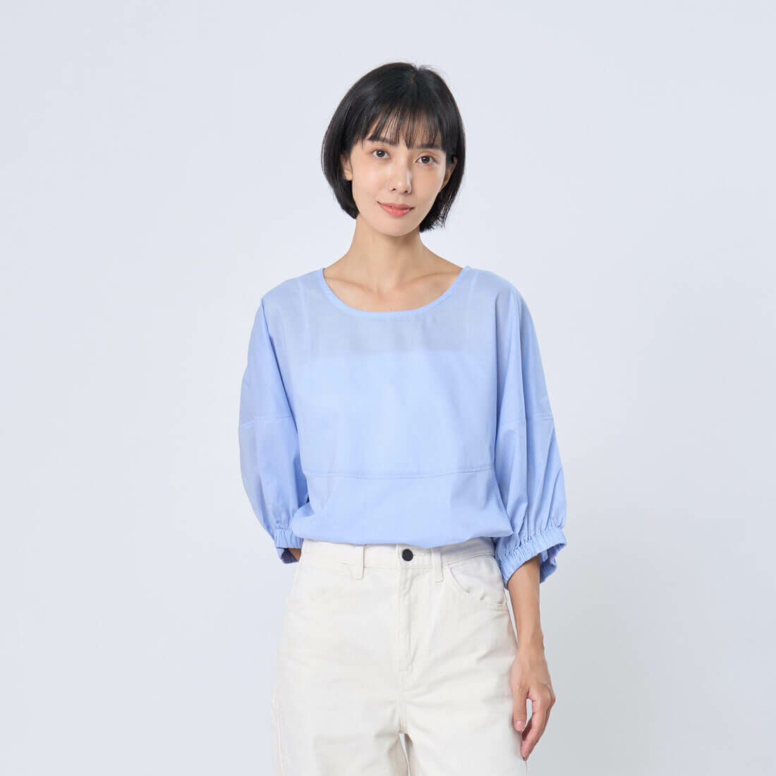 Opie 棉質圓剪接寬版上衣| 紫籐藍