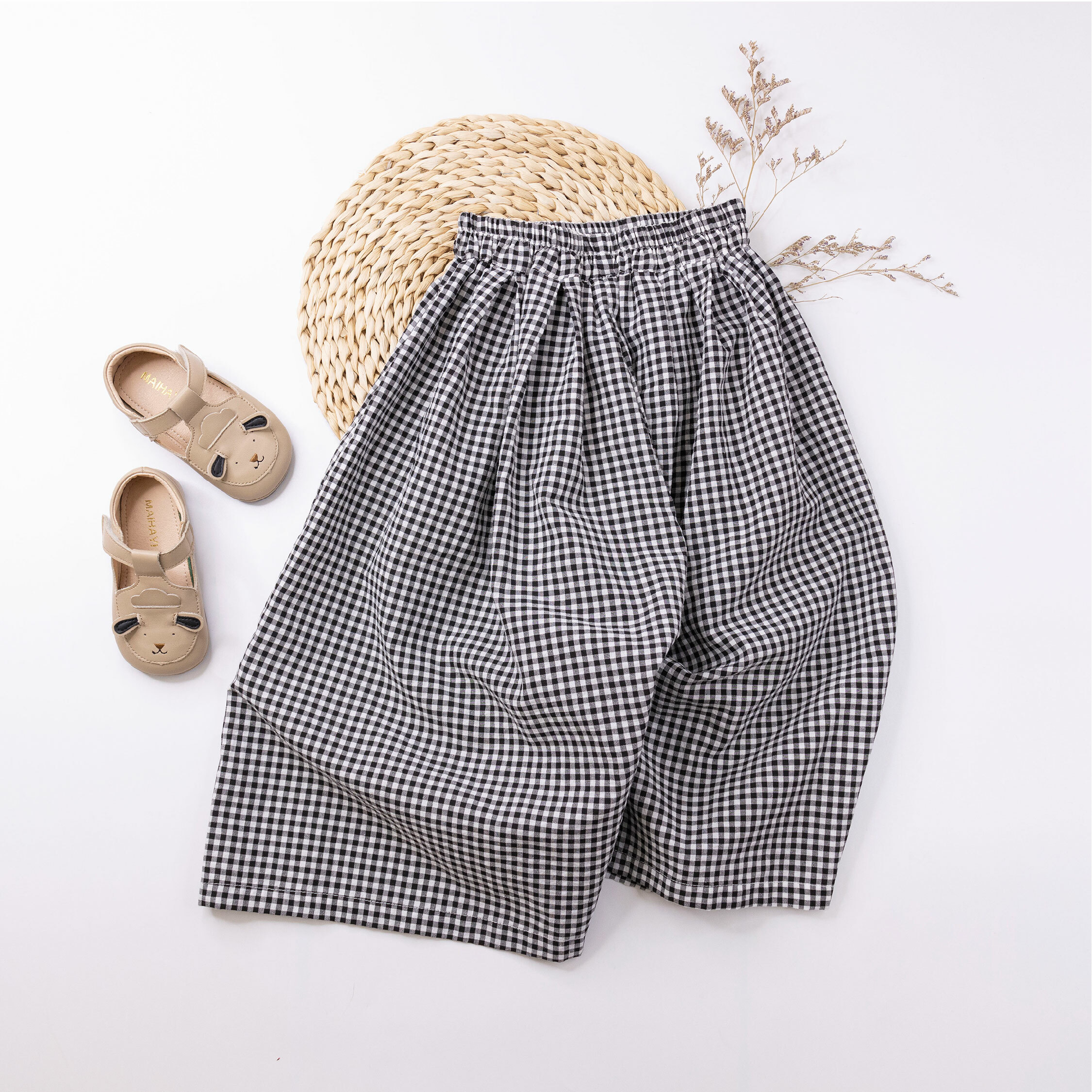 【H50206】百搭小格紋棉質休閒褲/闊腿褲