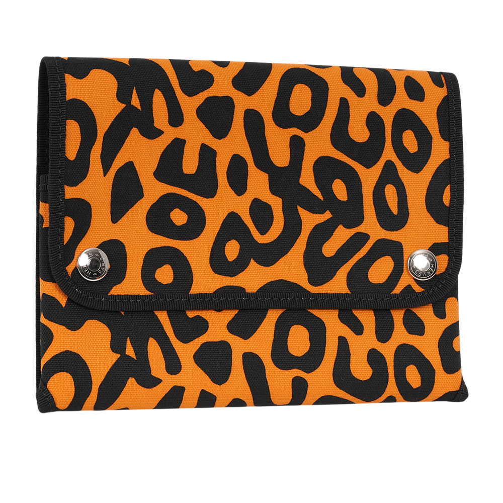 【Hermès】豹紋棉質釦式摺疊手拿包