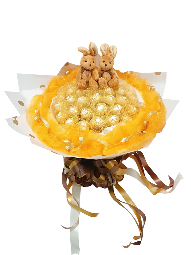 2隻兔子,33朵金莎花束,金色包裝,33 Ferrero Rocher rabbit bouquets, gold packaging