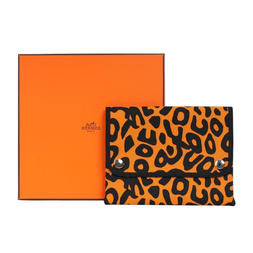 【HERMES】豹紋棉質釦式摺疊手拿包(橘色/黑色)HE16000012