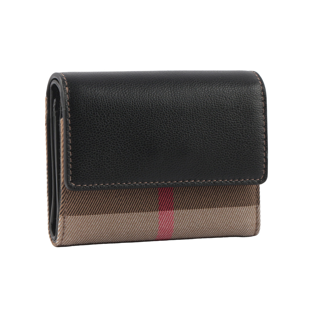 【BURBERRY】Lancaster 牛皮及帆布格紋三折短夾(黑色/棕色) 80840321