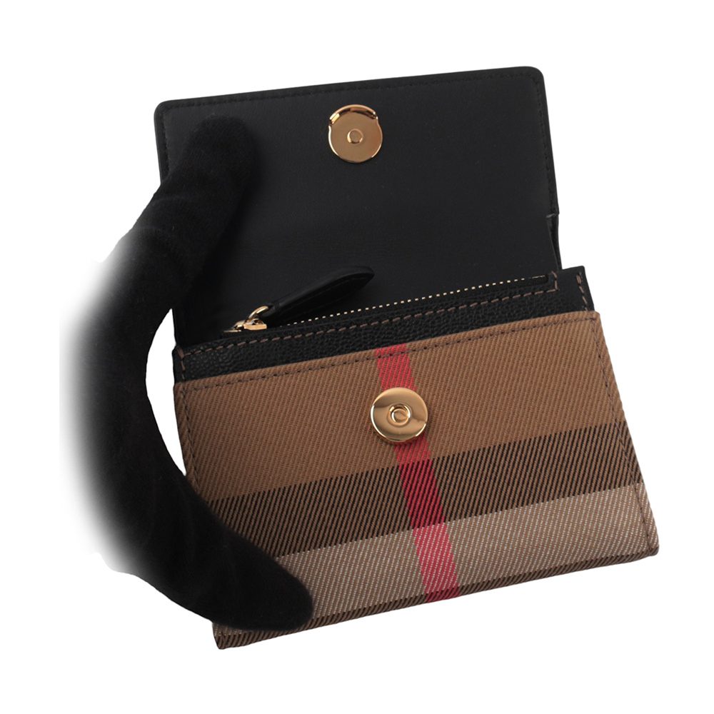 【BURBERRY】Lancaster 牛皮及帆布格紋三折短夾(黑色/棕色) 80840321