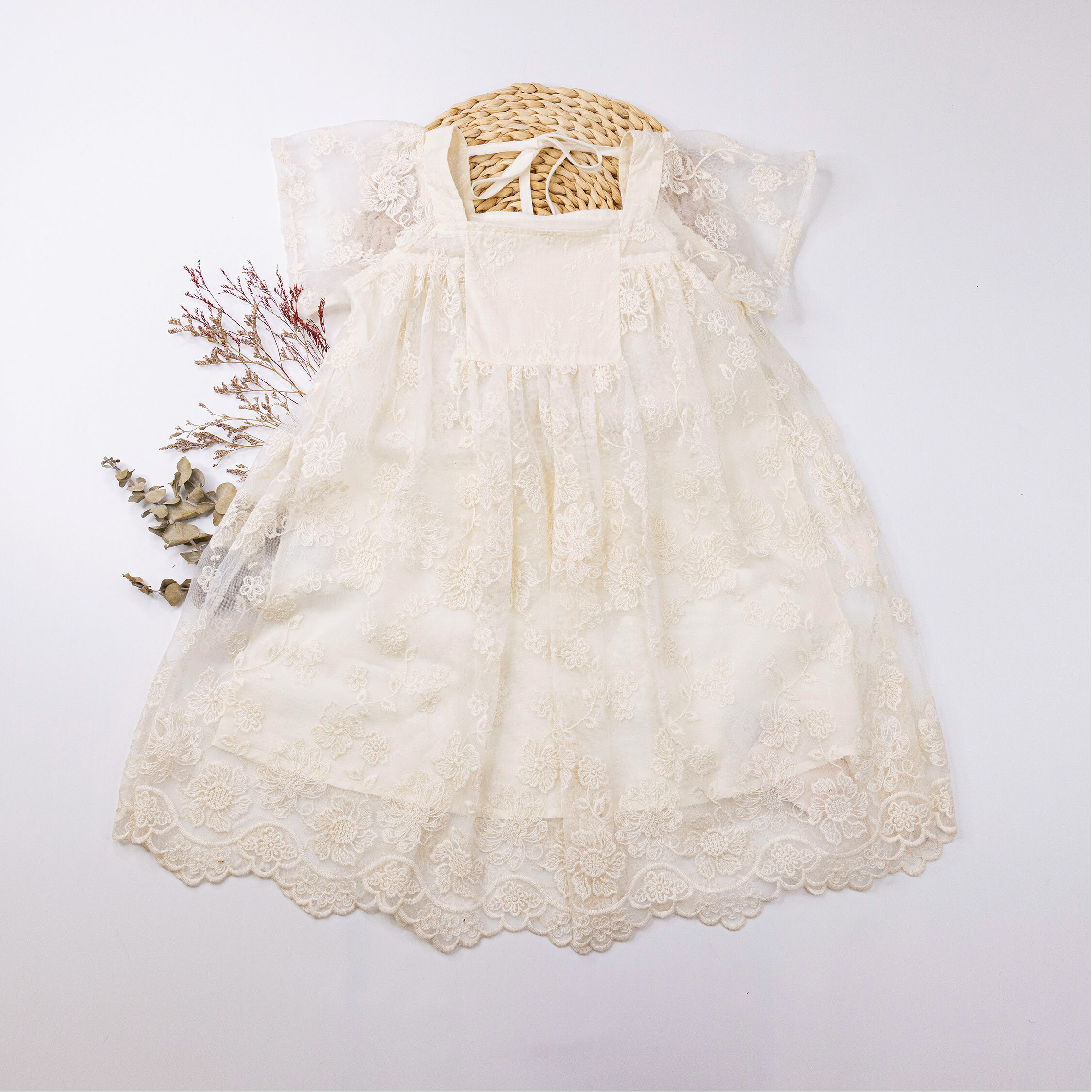 【H50193】歐式花朵刺繡後綁帶洋裝