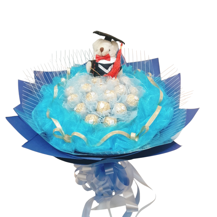 畢業熊33朵金莎花束,藍色包裝,金砂畢業花束,33 Ferrero Rocher rabbit bouquets, gold packaging
