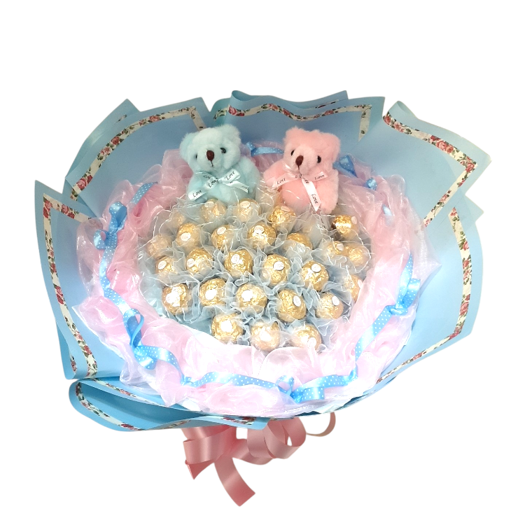 2支小熊33朵金莎花束,藍色粉色包裝,金莎畢業花束,33 Ferrero Rocher rabbit bouquets, gold packaging