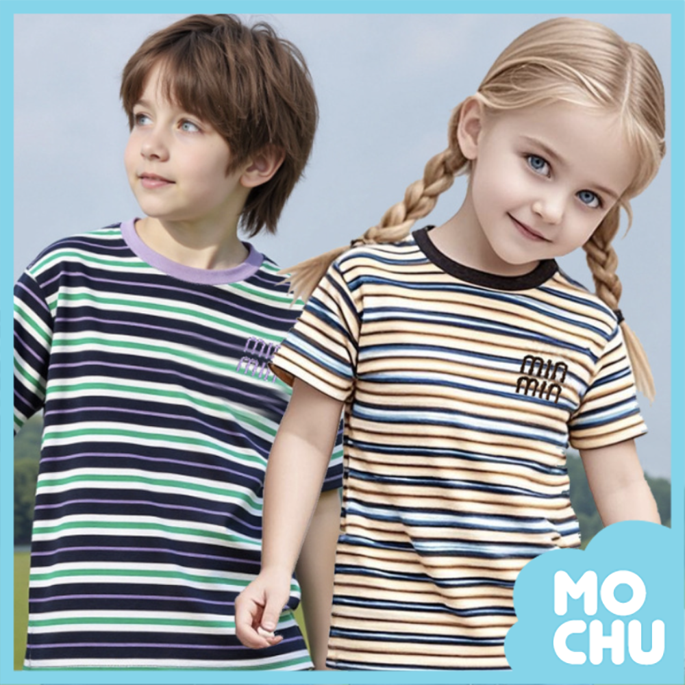 條紋刺繡短袖上衣(四色)