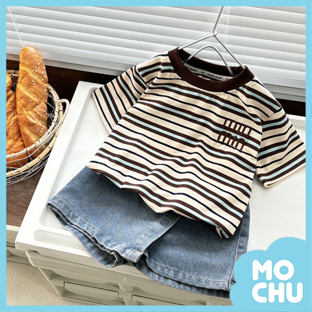 條紋刺繡短袖上衣(四色)