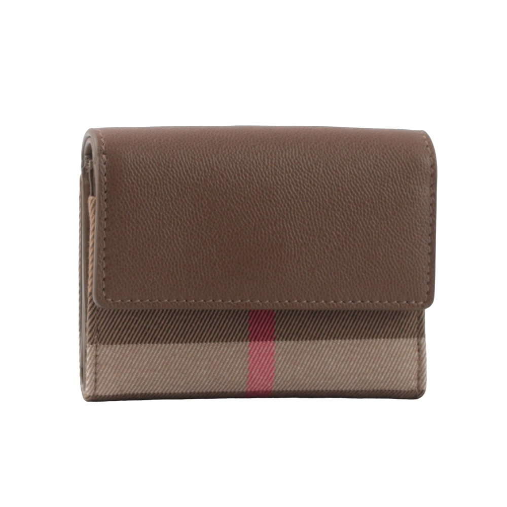 【BURBERRY】LLancaster 牛皮及帆布格紋三折短夾(土棕色/棕色) 80845341