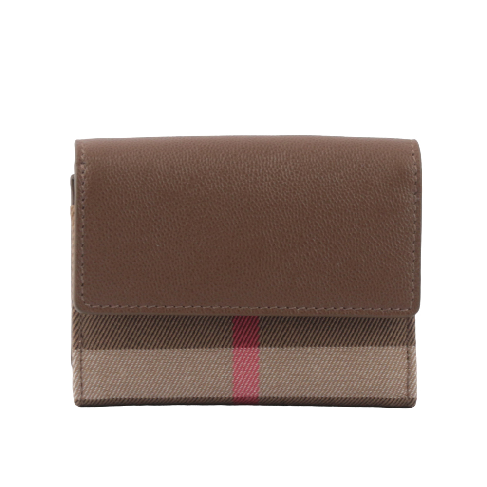 【BURBERRY】LLancaster 牛皮及帆布格紋三折短夾(土棕色/棕色) 80845341