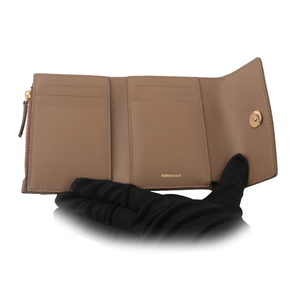 【BURBERRY】LLancaster 牛皮及帆布格紋三折短夾(土棕色/棕色) 80845341