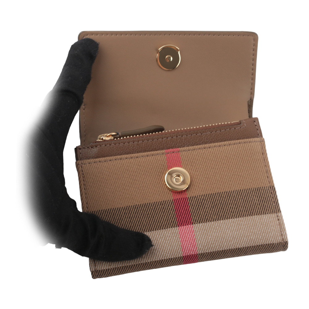 【BURBERRY】LLancaster 牛皮及帆布格紋三折短夾(土棕色/棕色) 80845341