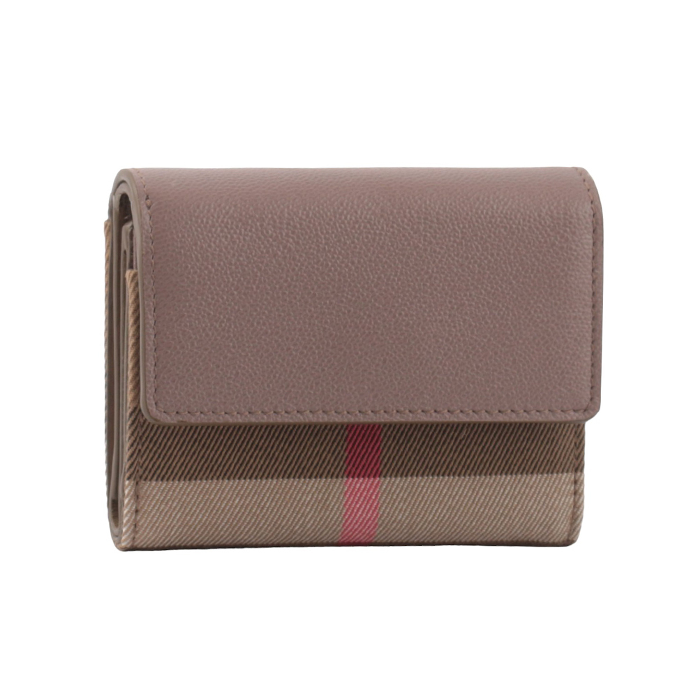 【BURBERRY】Lancaster 牛皮及帆布格紋三折短夾(水貂灰/棕色) 80845371