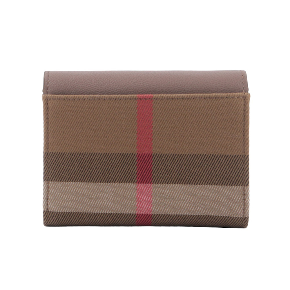 【BURBERRY】Lancaster 牛皮及帆布格紋三折短夾(水貂灰/棕色) 80845371