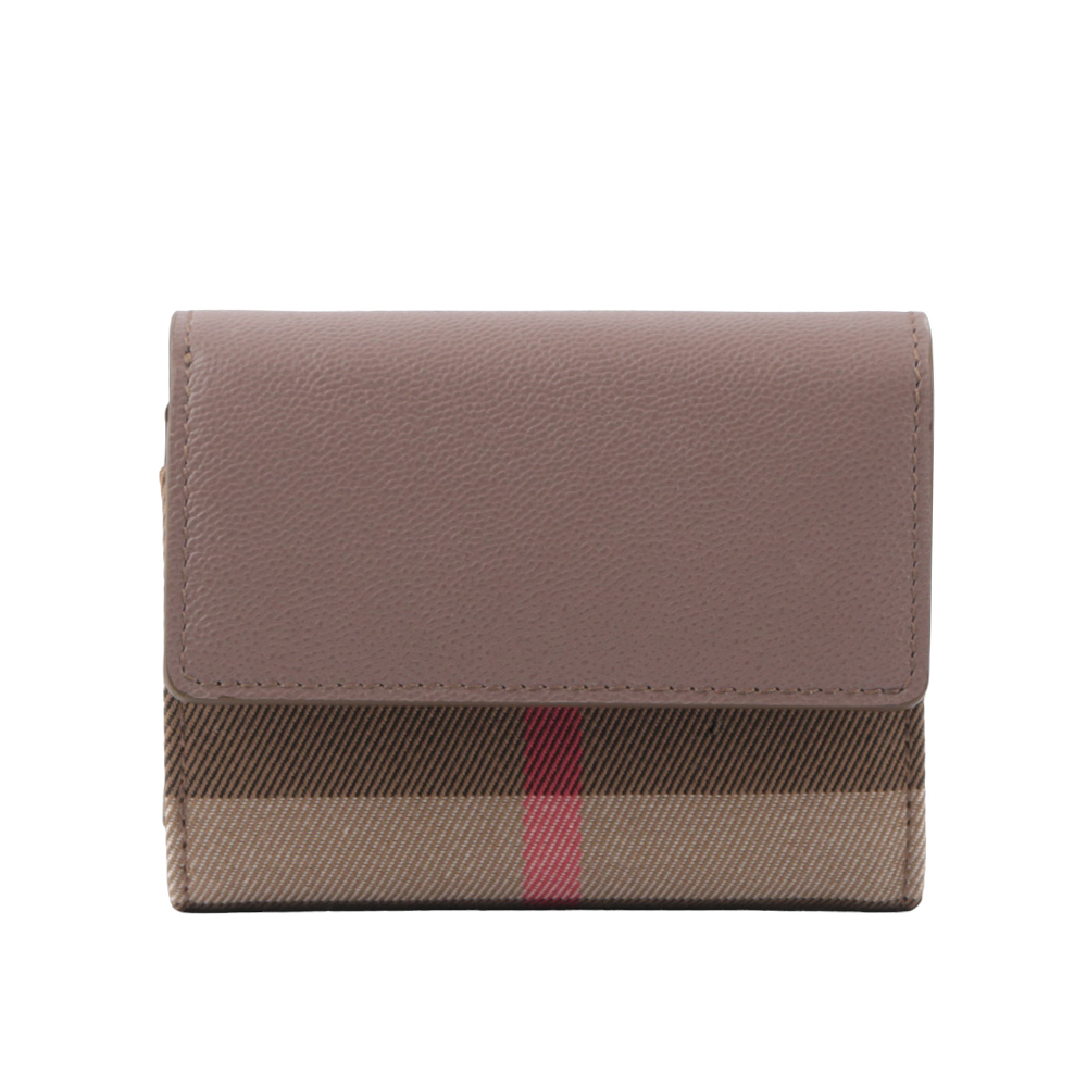 【BURBERRY】Lancaster 牛皮及帆布格紋三折短夾(水貂灰/棕色) 80845371