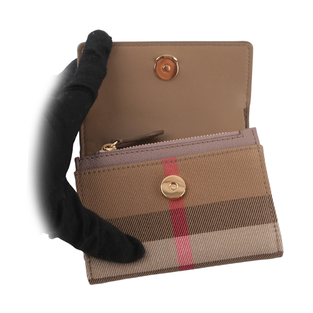 【BURBERRY】Lancaster 牛皮及帆布格紋三折短夾(水貂灰/棕色) 80845371