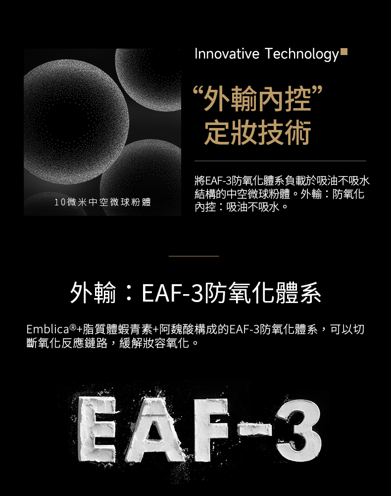 10微米中空微球粉體Innovative Technology“外輸”定妝技術將EAF-3防氧化體系負載於吸油不吸水結構的中空微球粉體。外輸防氧化內控:吸油不吸水。外輸:EAF-3防氧化體系Emblica®+脂質體蝦青素+阿魏酸構成的EAF-3防氧化體系,可以切斷氧化反應鏈路,緩解氧化。EAF-3