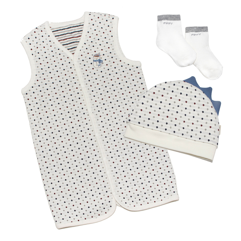 PIPPY 小雪人點點雙面穿純棉防被踢背心3件式初生禮盒 米白