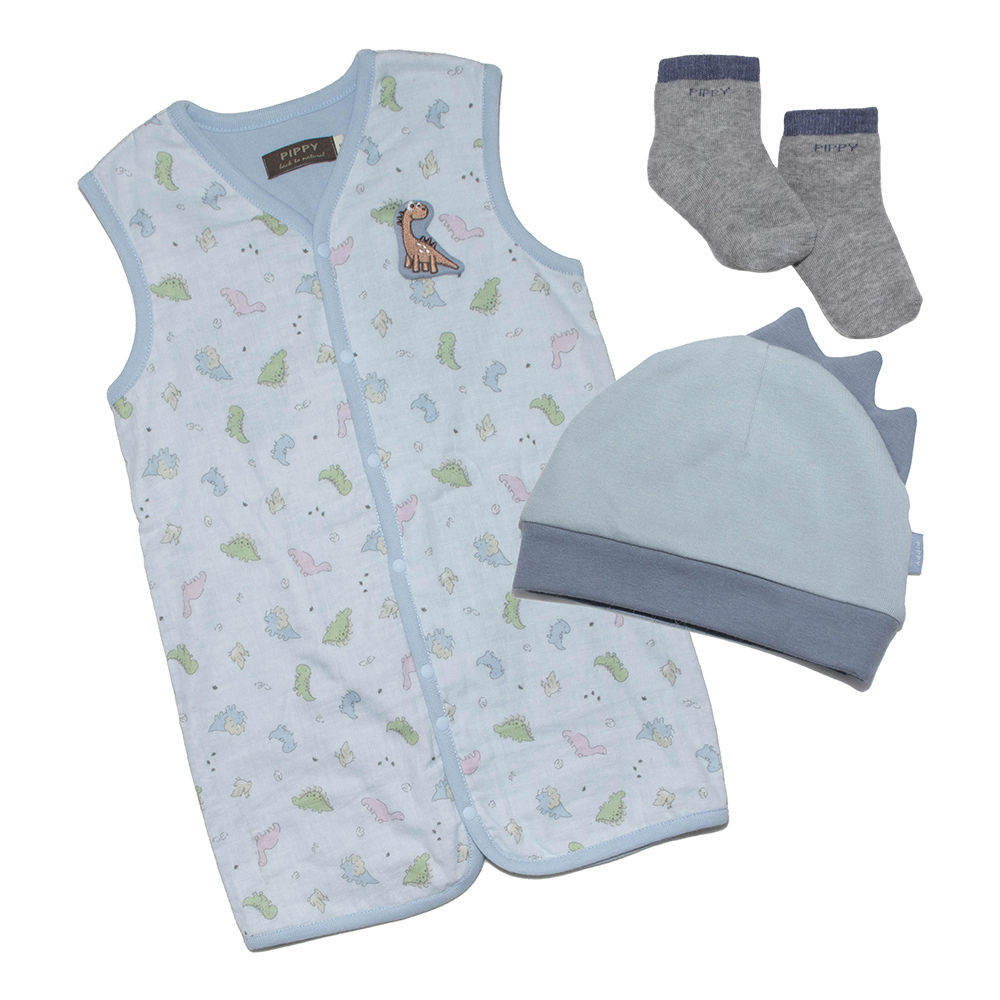 PIPPY 小恐龍印花棉質防被踢背心3件組初生禮盒 水藍