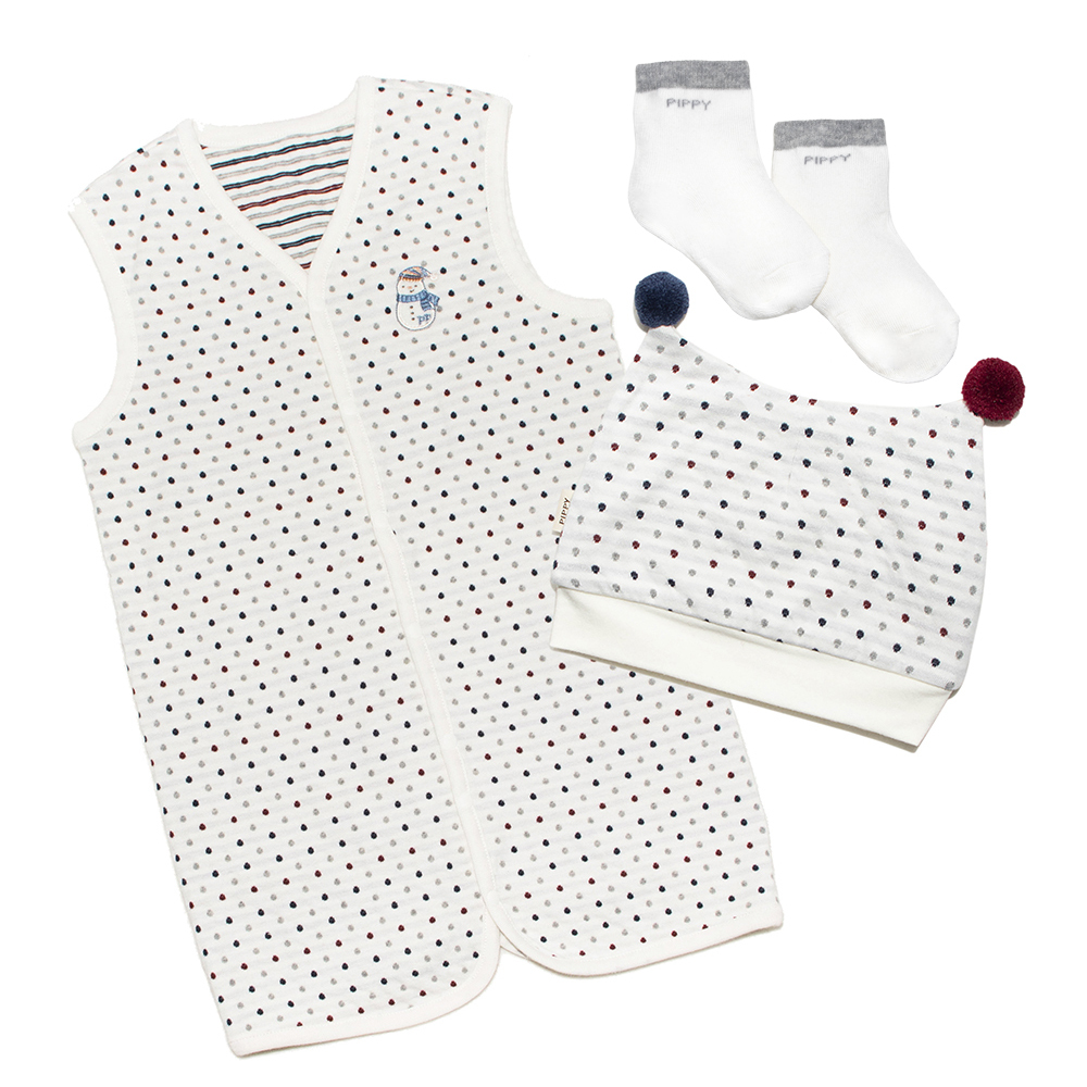 PIPPY 點點棉質防踢背心+毛球帽3件組初生禮盒 米