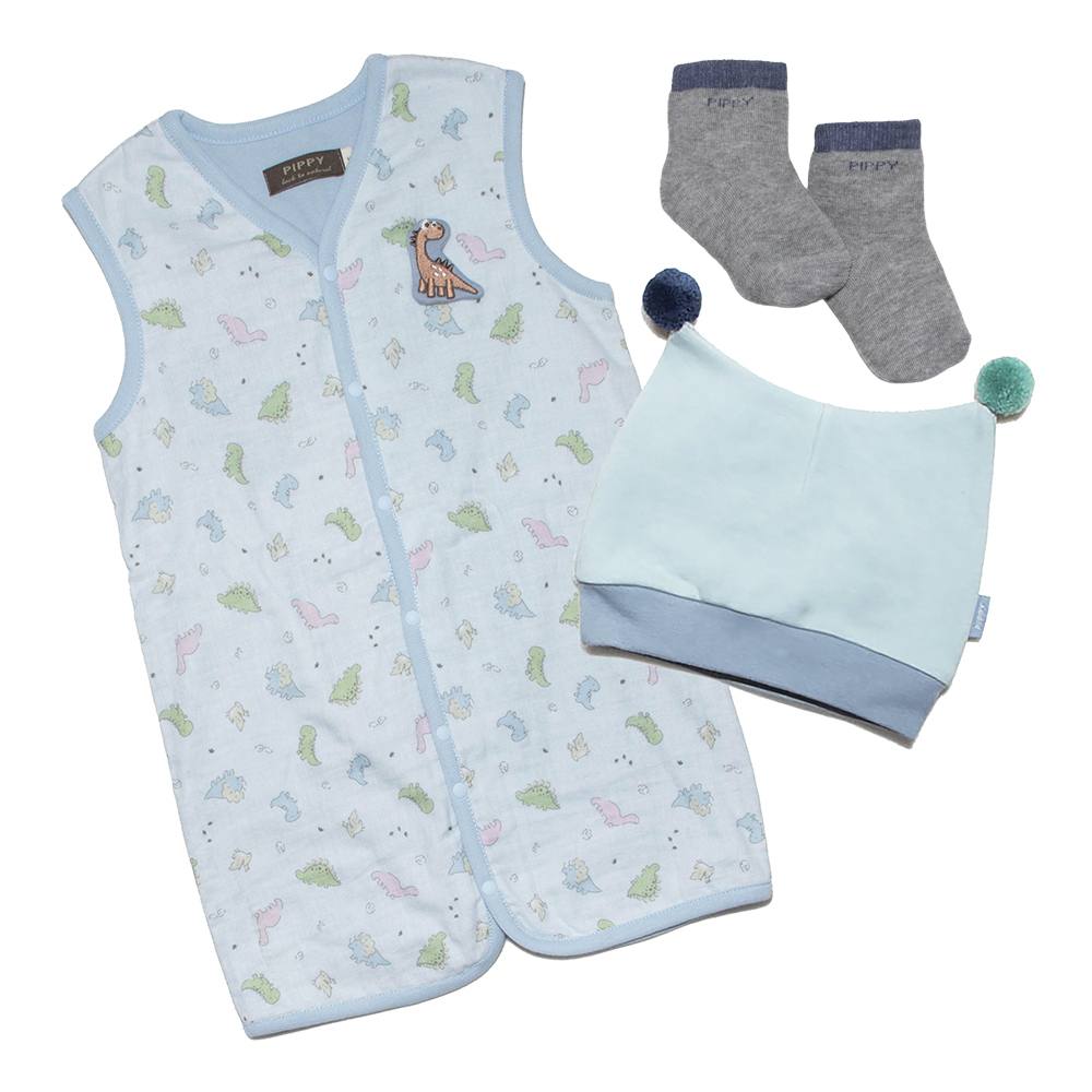 PIPPY 小恐龍防踢背心+毛球帽3件組初生禮盒 水