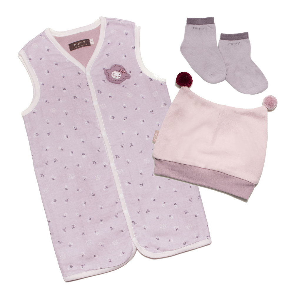 PIPPY 可愛印花棉質防踢背心+毛球帽3件組初生禮盒 粉