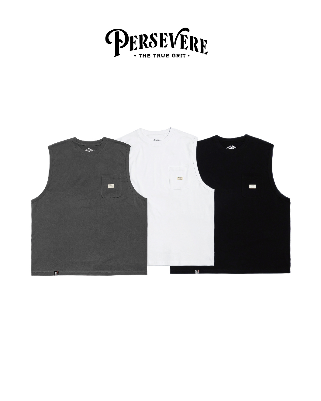 PERSEVERE 經典寬肩口袋背心 高磅 正白/黑/深灰 24 S/ S Classic Pocket Sleeveless T-shirt