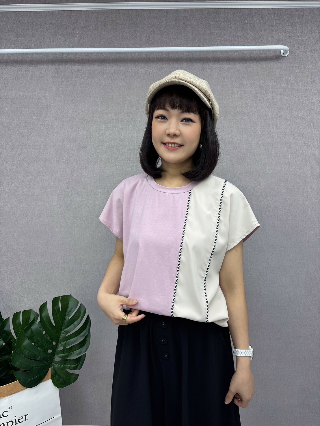 拼接織帶連袖上衣