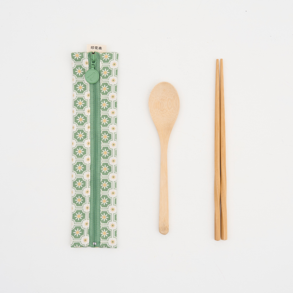 拉鏈餐具袋(含餐具)/老磁磚2號/鼠尾草綠