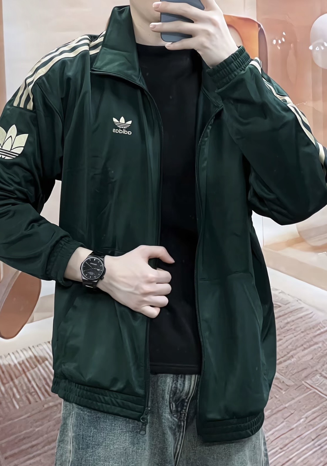 Adidas Originals 復古三條紋立領暗綠外套