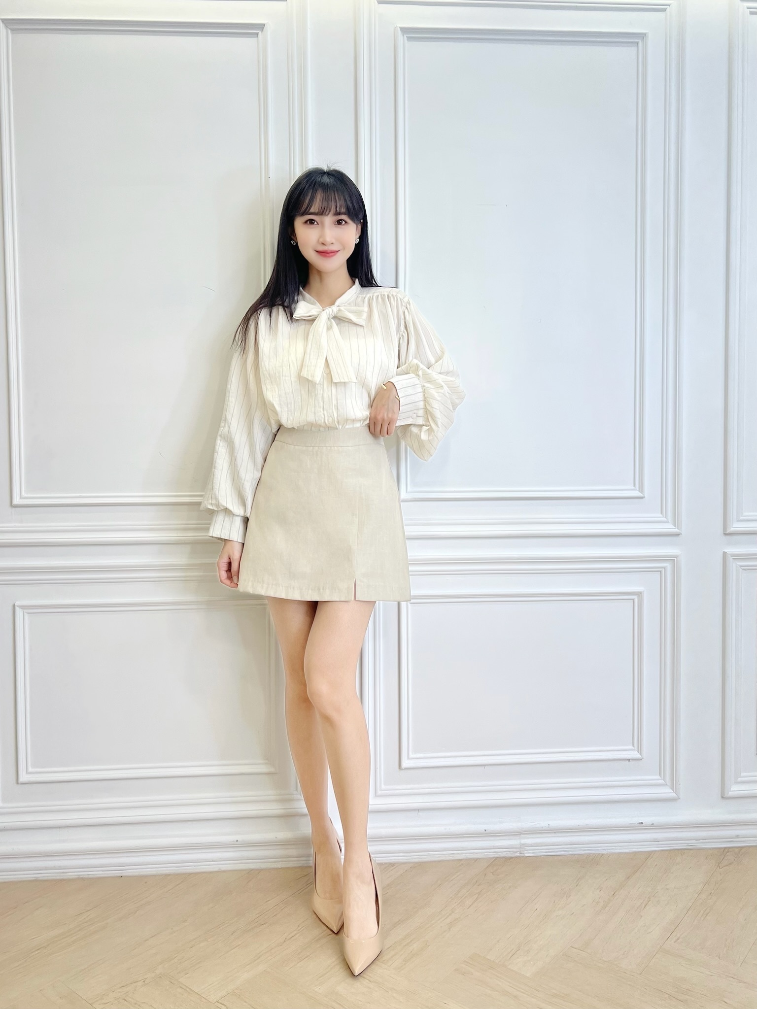 細條紋澎袖綁帶襯衫