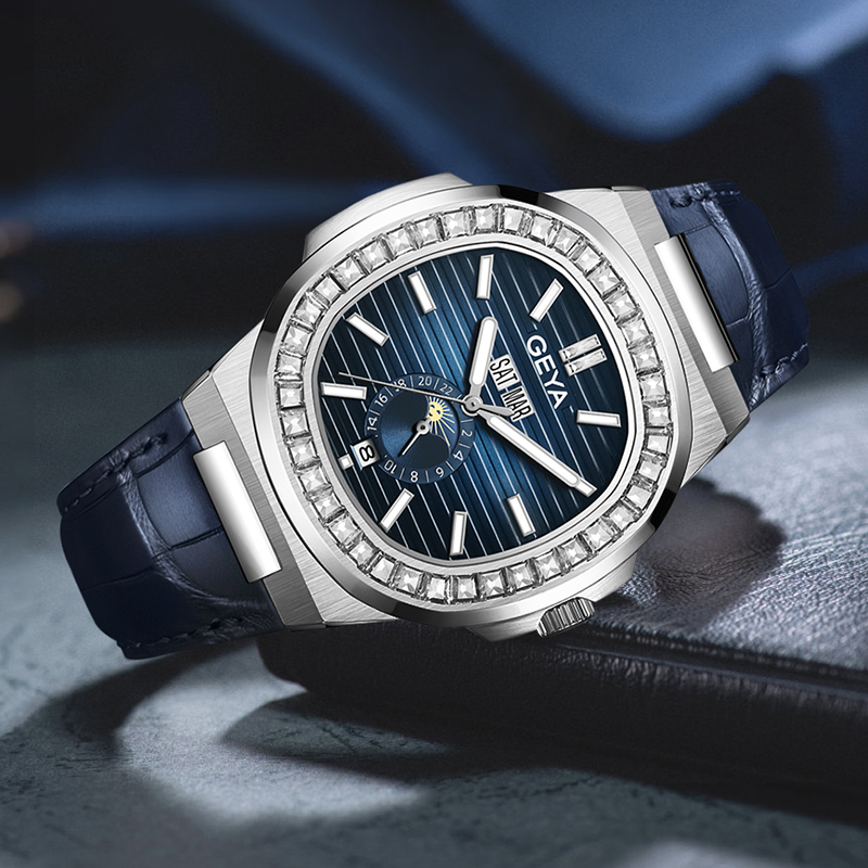 【GEYA格雅】 G78092GWBB 鑽圈 寶石軸承 鏤空 日月星辰 日期星期月份顯示 夜光 機械 皮革