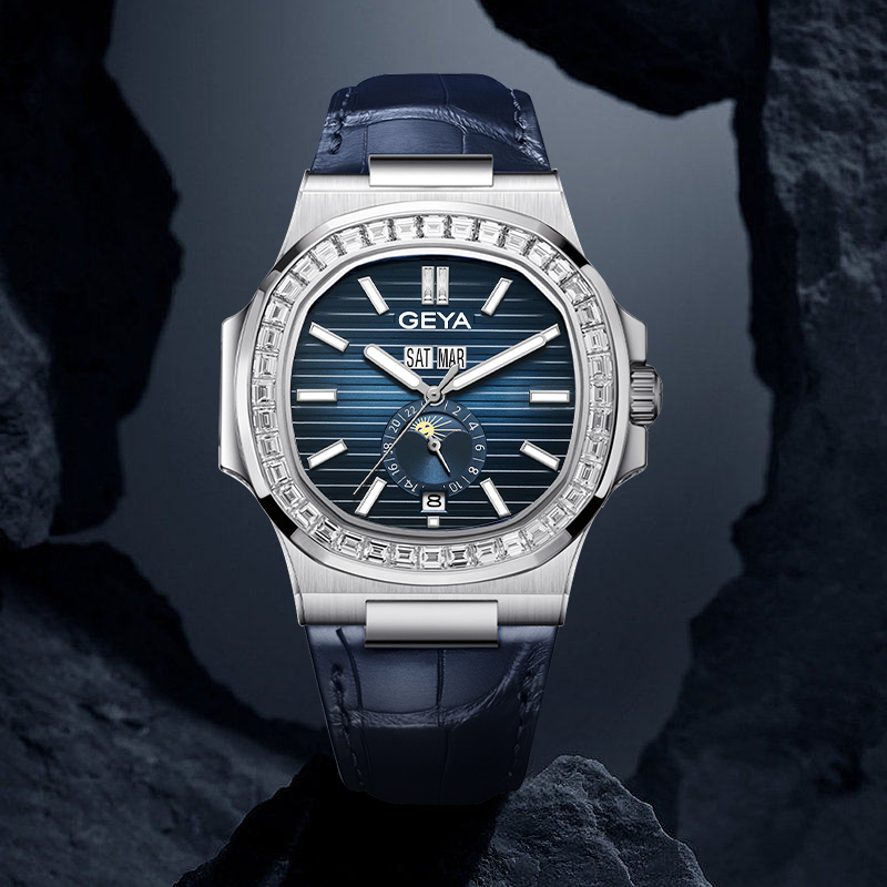 【GEYA格雅】 G78092GWBB 鑽圈 寶石軸承 鏤空 日月星辰 日期星期月份顯示 夜光 機械 皮革