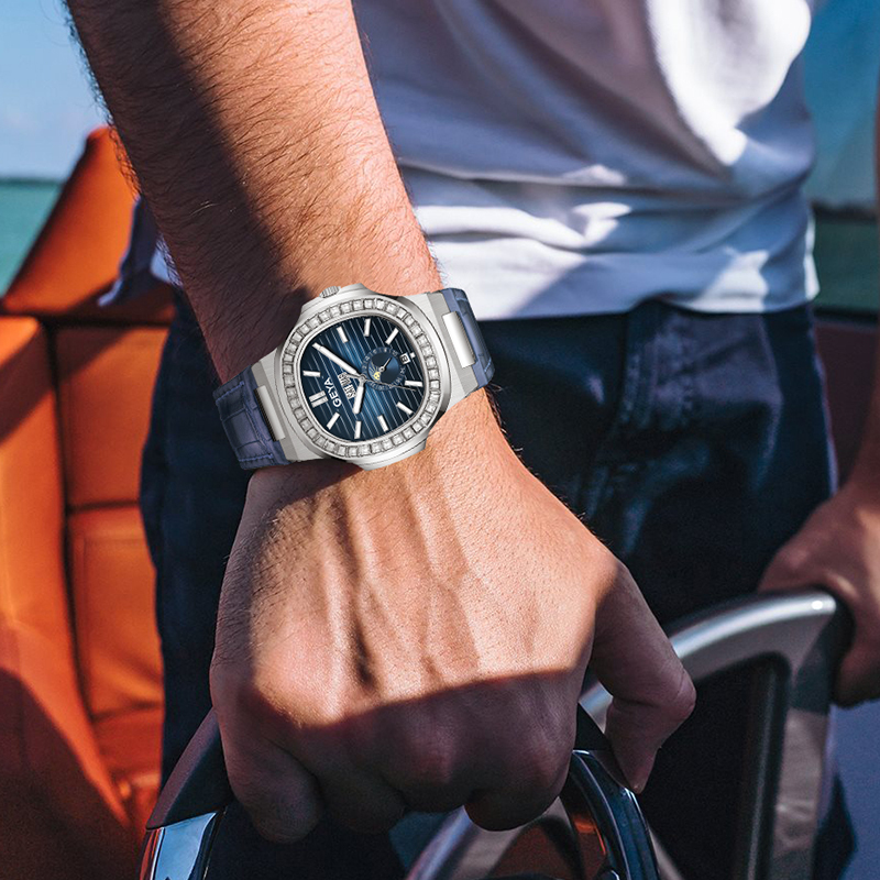 【GEYA格雅】 G78092GWBB 鑽圈 寶石軸承 鏤空 日月星辰 日期星期月份顯示 夜光 機械 皮革