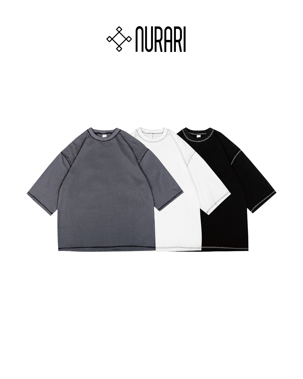 NURARI 考克線七分袖 T恤 厚磅 黑/白/深灰 24 A/W Civ. Overlock OVS three-quarter sleeve