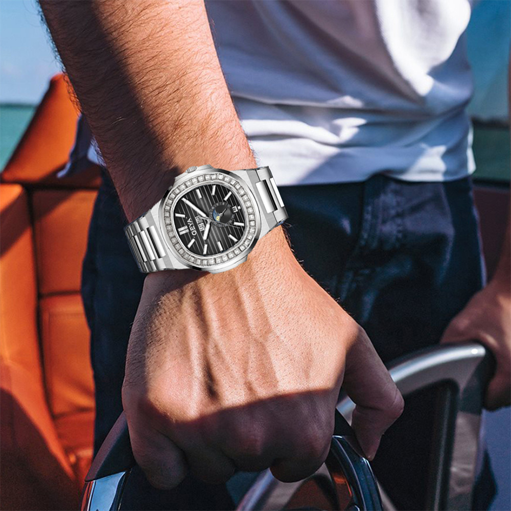 【GEYA格雅】鑽圈 鏤空 日月星辰 月份顯示 夜光 機械 鋼錶 G78092GWKS