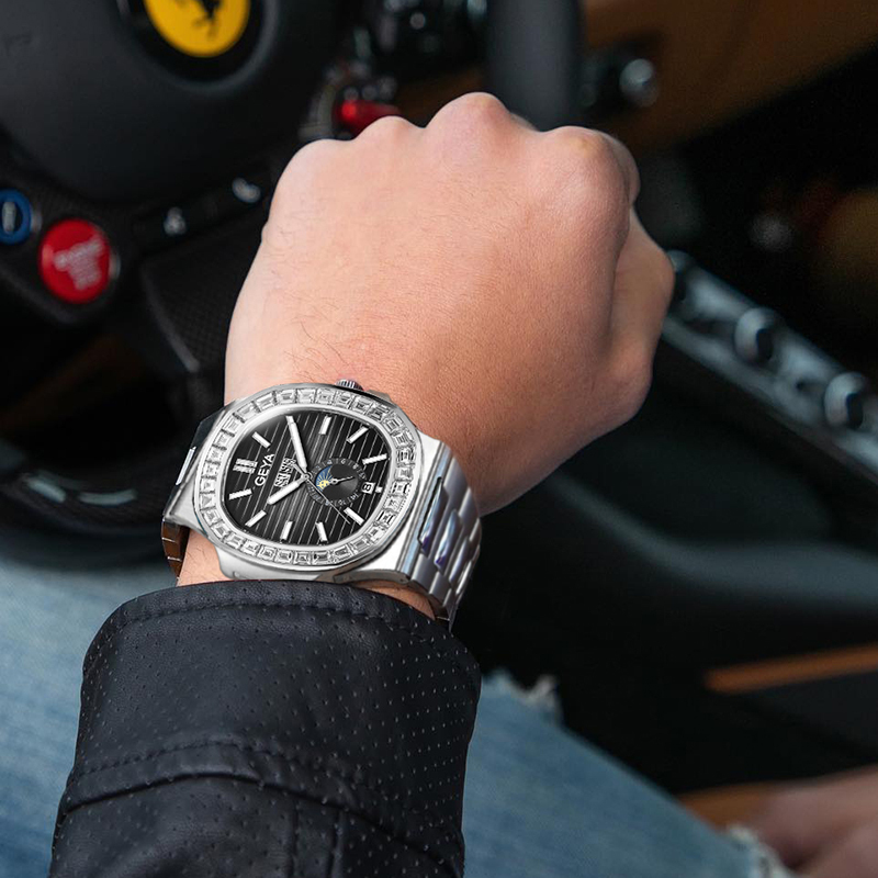 【GEYA格雅】G78092GWKS 鑽圈 寶石軸承 鏤空 日月星辰 日期星期月份顯示 夜光 機械 鋼錶