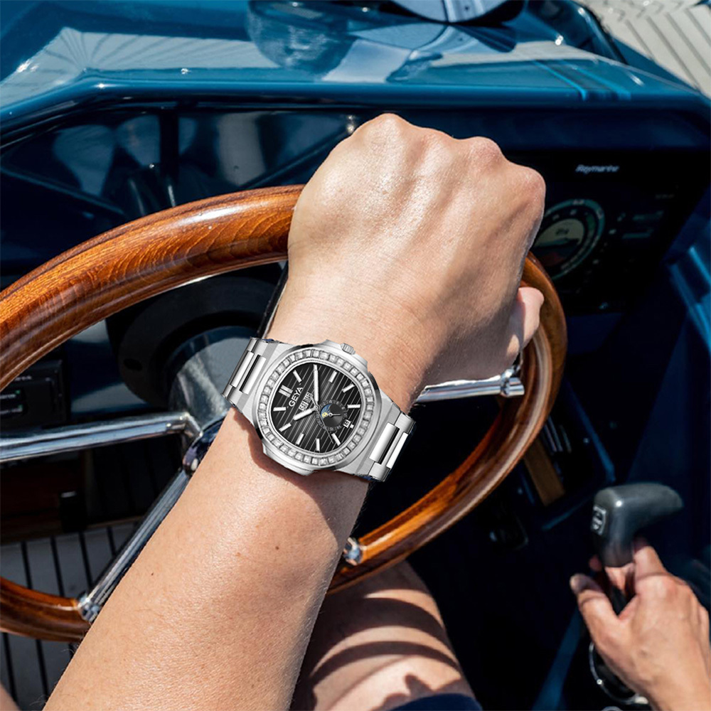 【GEYA格雅】G78092GWKS 鑽圈 寶石軸承 鏤空 日月星辰 日期星期月份顯示 夜光 機械 鋼錶