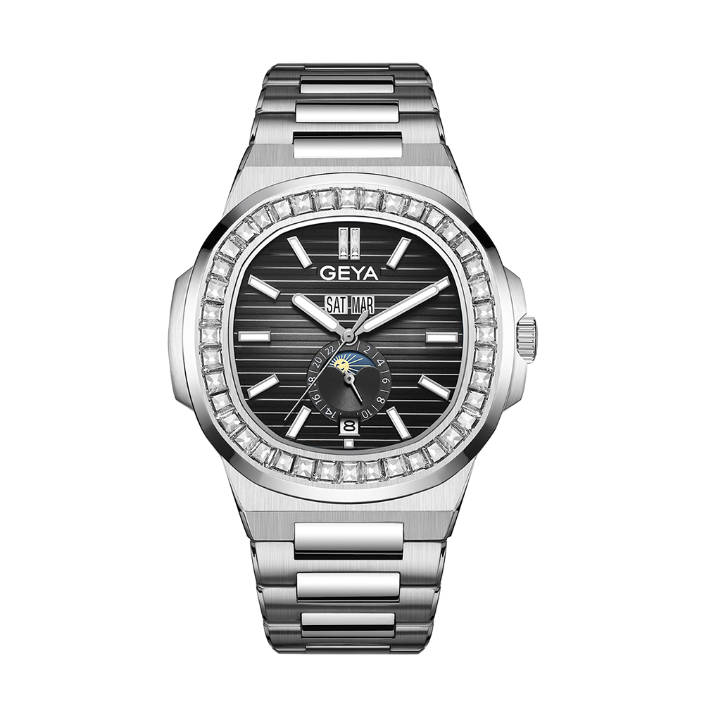 【GEYA格雅】鑽圈 鏤空 日月星辰 月份顯示 夜光 機械 鋼錶 G78092GWKS