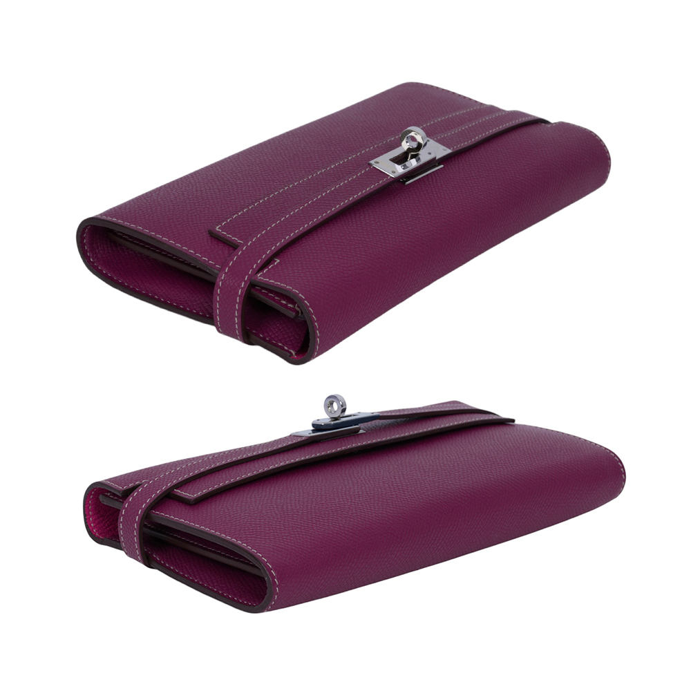 【HERMES】銀釦 Epsom 皮革糖果系列拼色Kelly長夾(托斯卡紫/糖果粉)