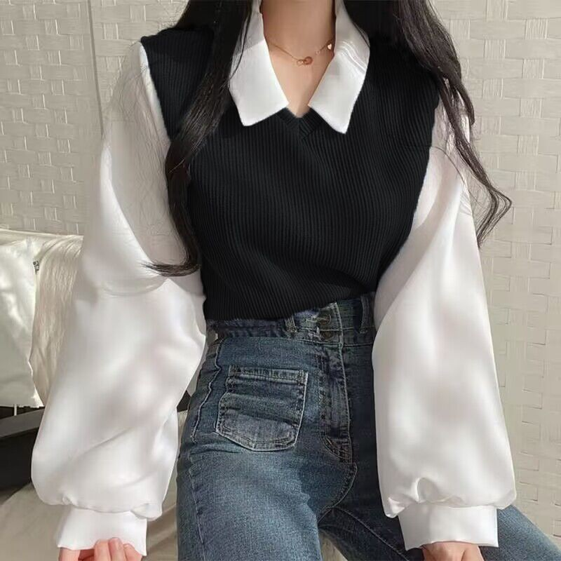 Faux Two-Piece Polo Neck Long Sleeve Shirt