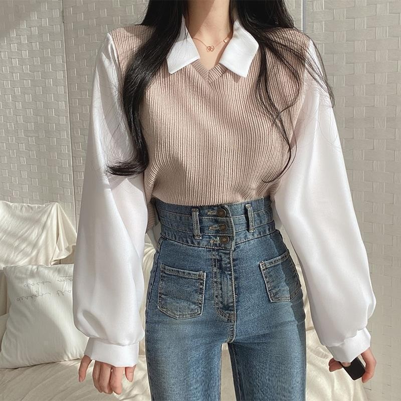 Faux Two-Piece Polo Neck Long Sleeve Shirt