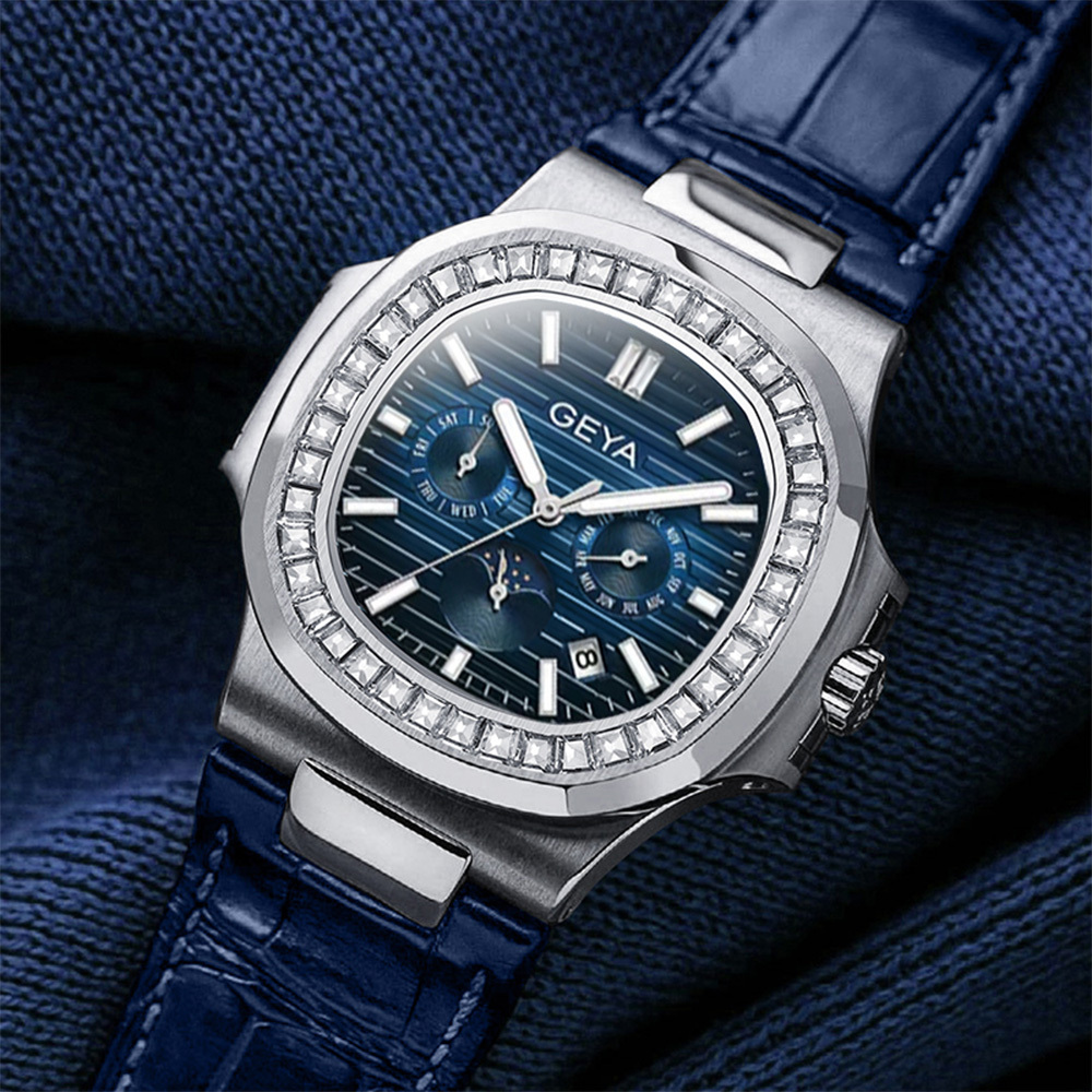 【GEYA格雅】G78095GWBB 三眼 晶鑽錶圈 鏤空錶蓋 日月星辰 星期月份顯示 夜光 機械錶 皮革