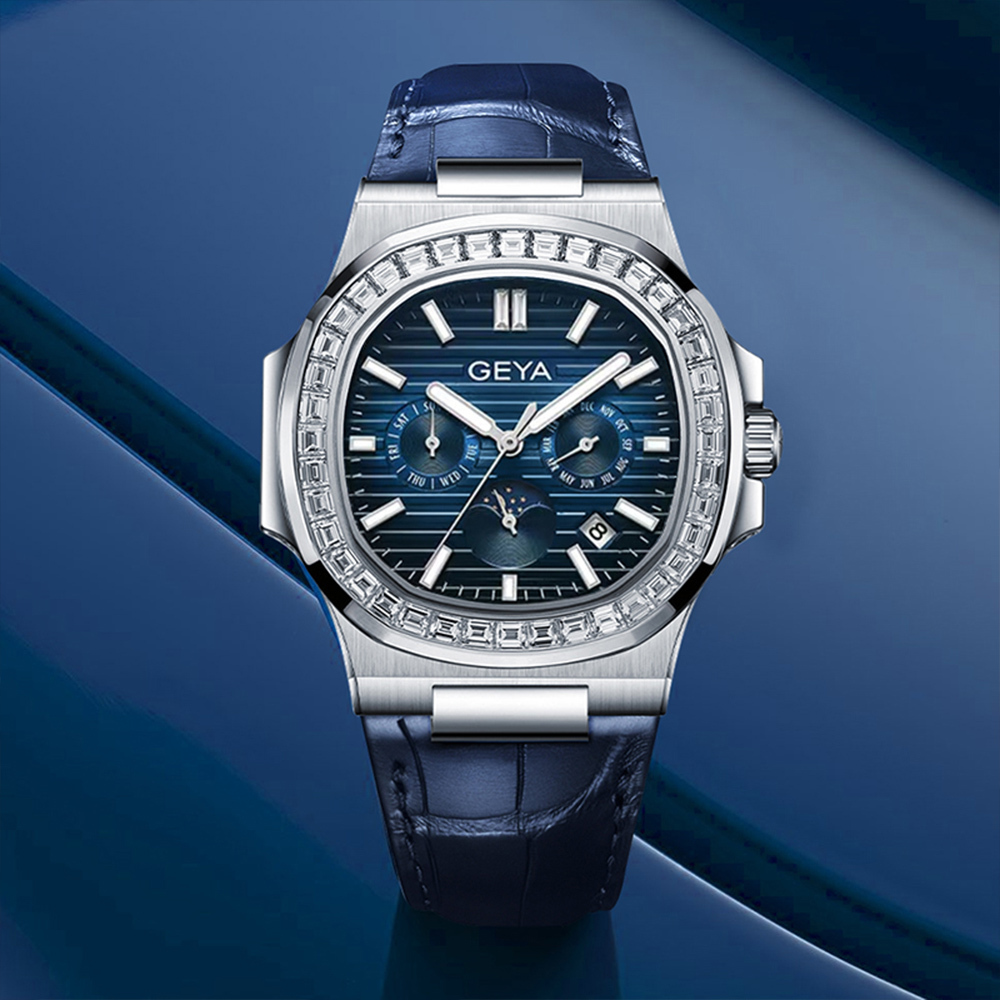 【GEYA格雅】G78095GWBB 三眼 晶鑽錶圈 鏤空錶蓋 日月星辰 星期月份顯示 夜光 機械錶 皮革