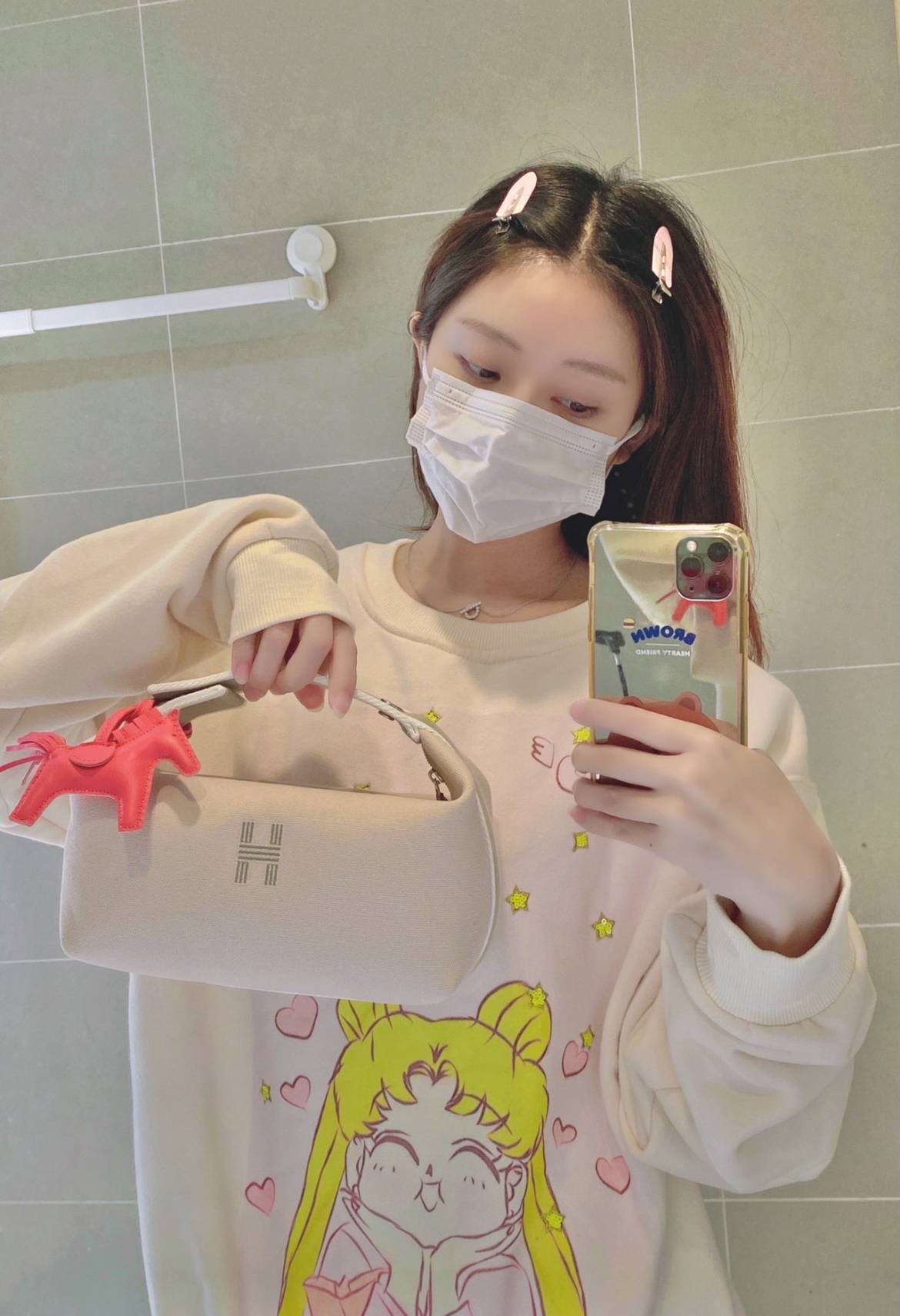 HERMES Bride-a-Brac 字母 H 刺繡布面收納洗漱袋小號 米白色