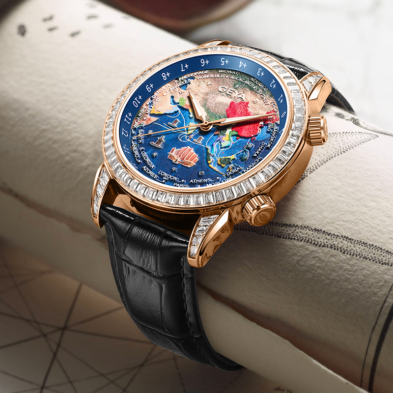 【GEYA格雅】航海家系列-世界時間錶 G78121GWB G78121GHB 航海船標錶蓋 附快拆真皮錶帶 機械錶