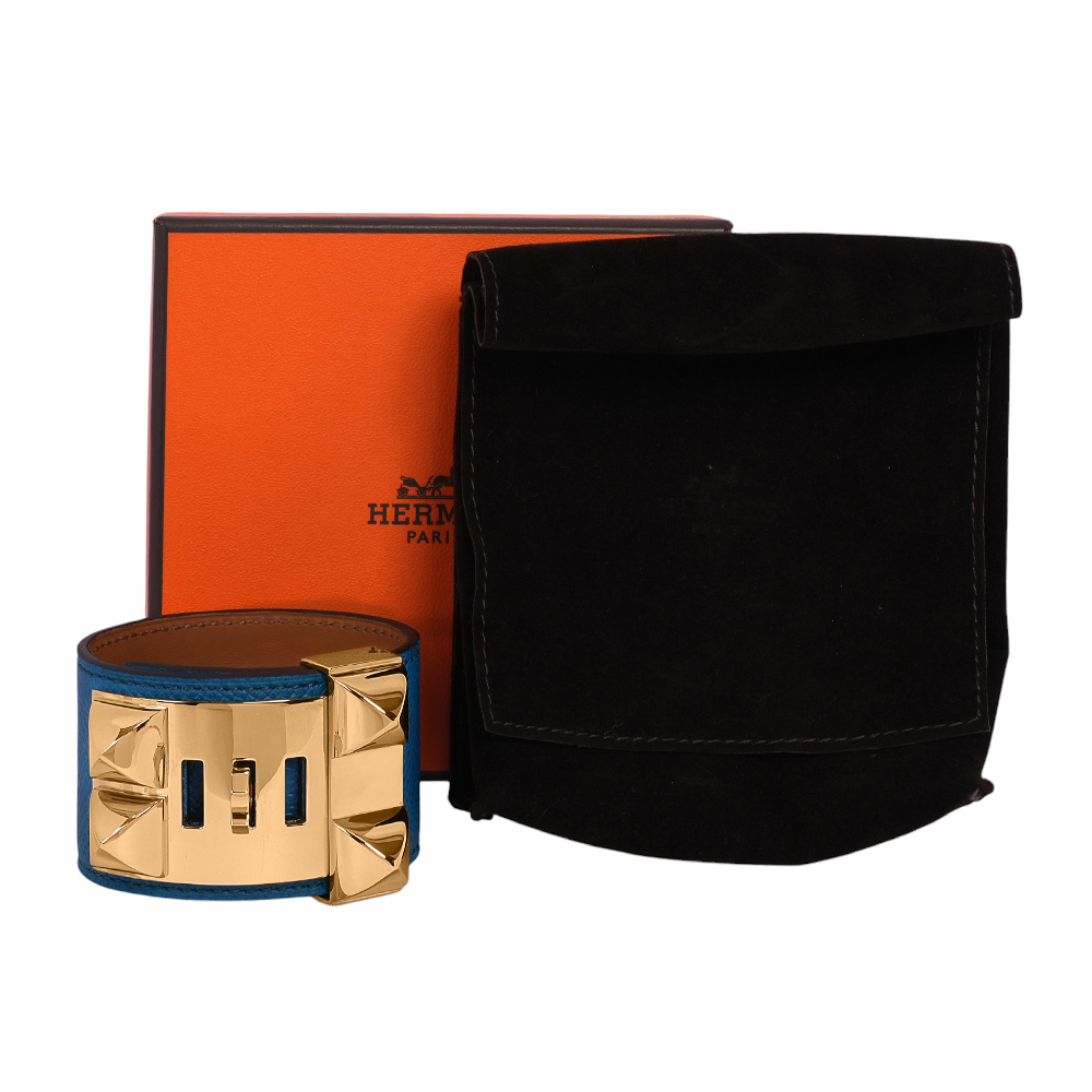 【HERMES】 EPSOM皮 鉚釘金釦CDC手環 (S)(藍色)HE44000083