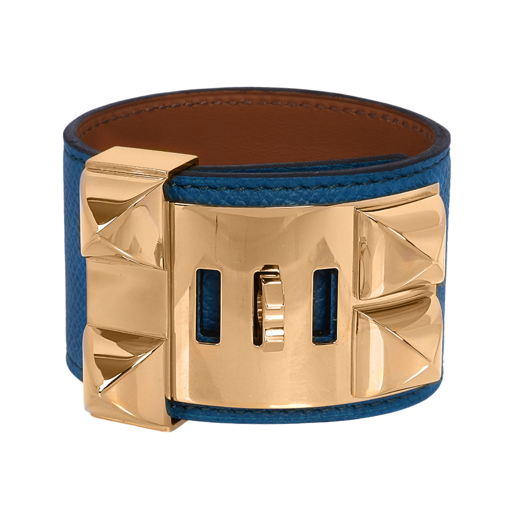 【HERMES】 EPSOM皮 鉚釘金釦CDC手環 (S)(藍色)HE44000083