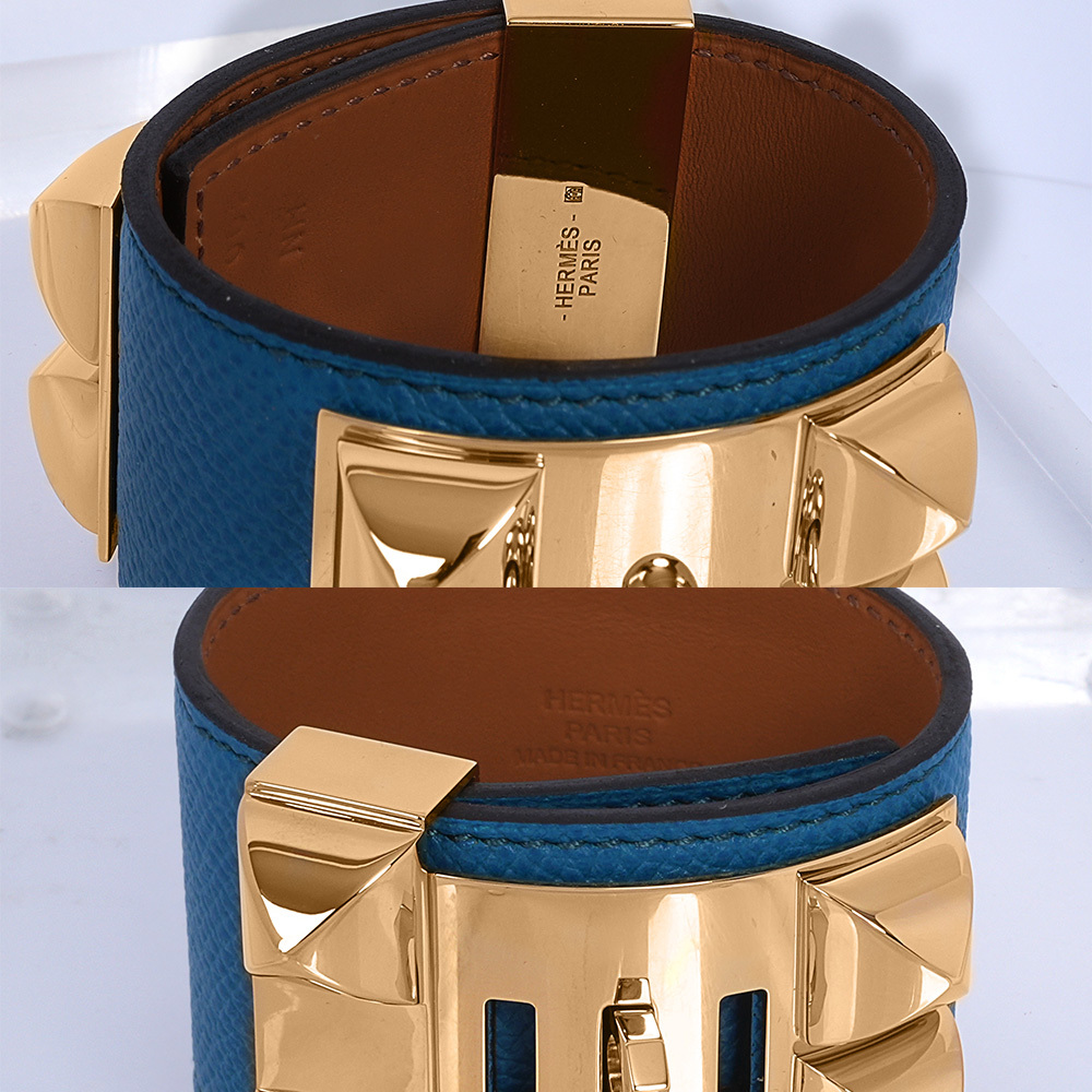 【HERMES】 EPSOM皮 鉚釘金釦CDC手環 (S)(藍色)HE44000083
