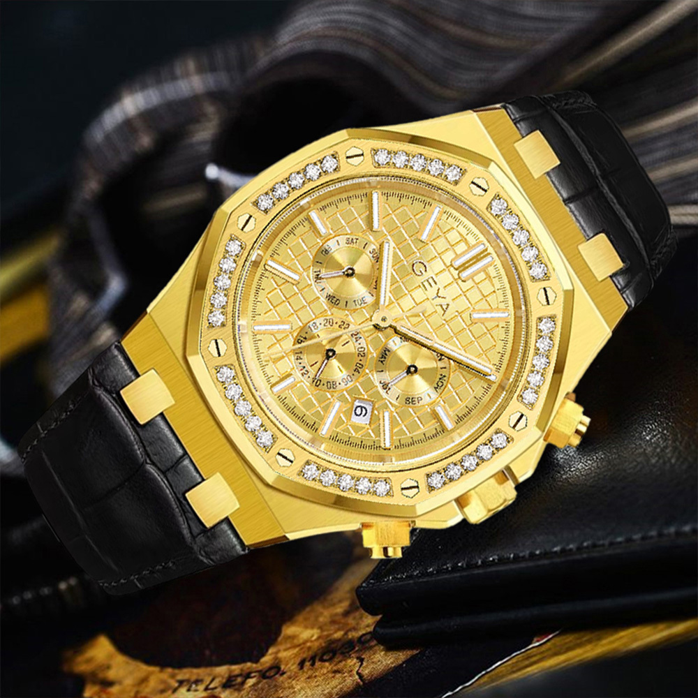 (預購)【GEYA格雅】G78122GYY 三眼 40顆晶鑽錶圈 錶蓋鏤空 22顆寶石軸承 日期顯示 夜光 機械 真皮錶